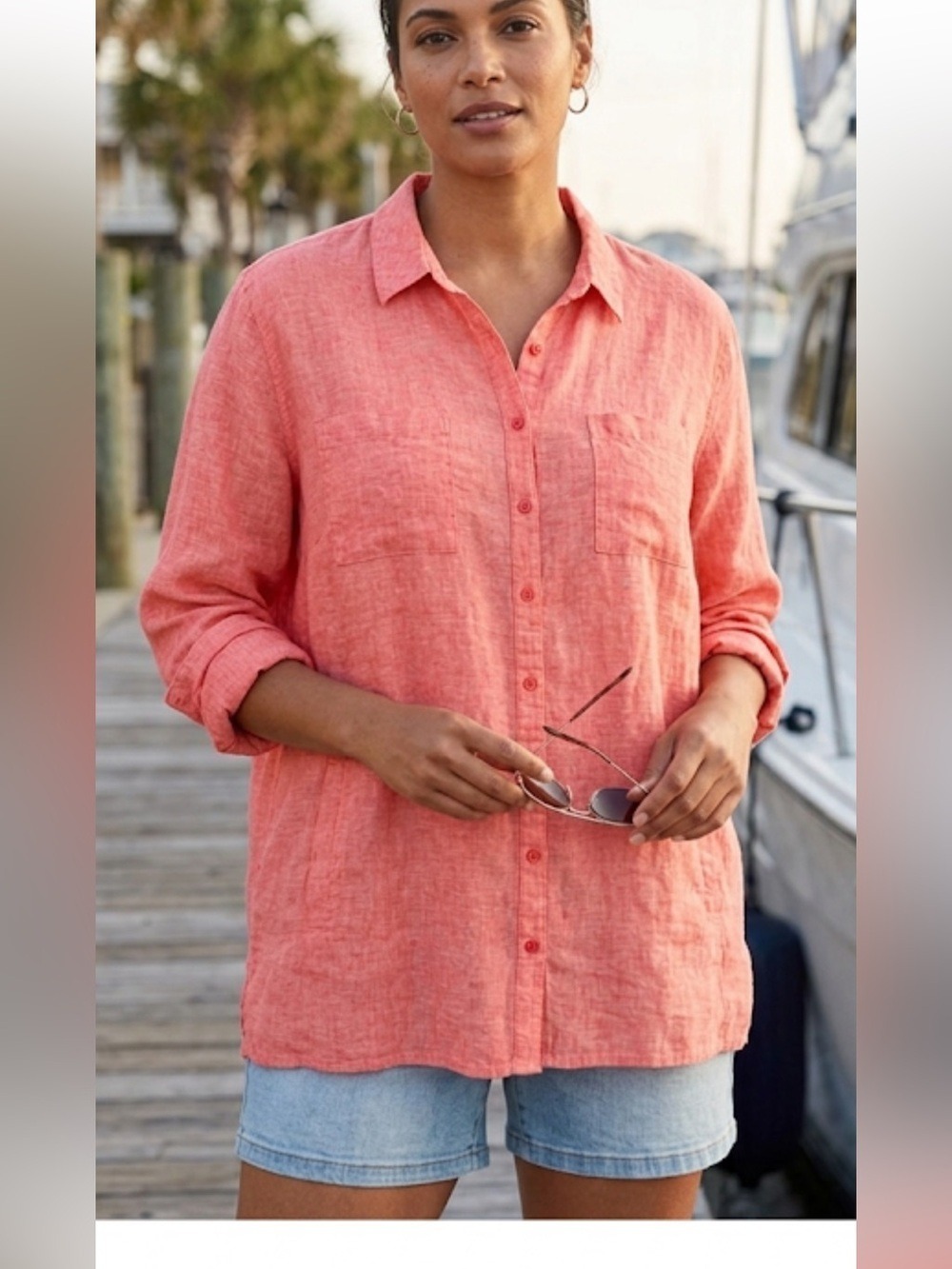 Orvis 100% Linen Button Front Shirt sz XL 18/20 Coral Red Long Sleeve